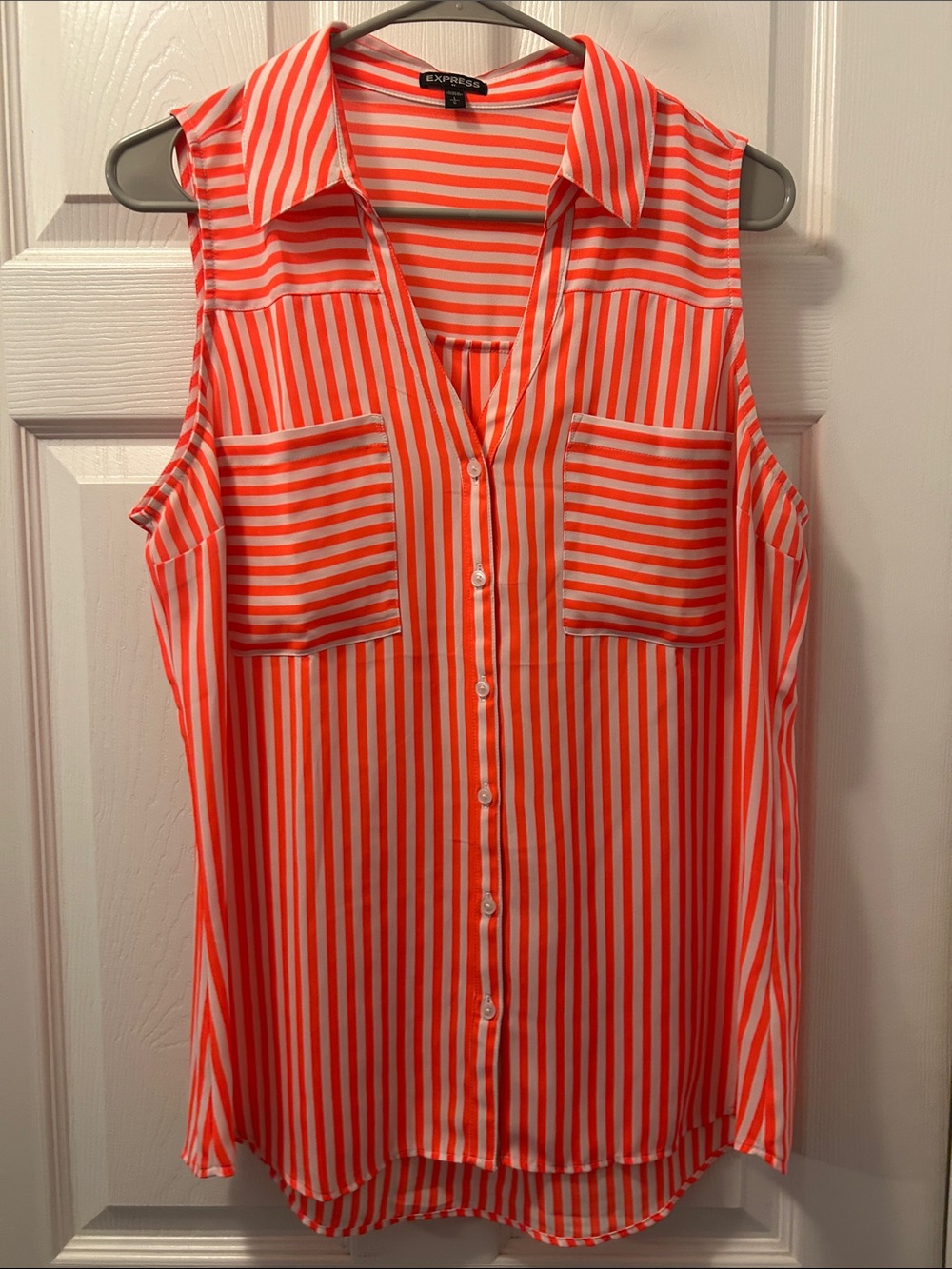 Express Sleeveless Button-Front Striped Blouse in Coral and White
